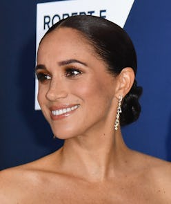 Meghan Markle updo bun and bronze eyeshadow 2022