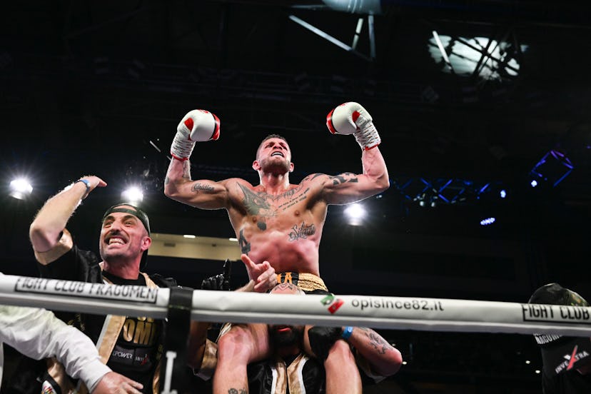 Mazzon Christian celebrating after victory during the Boxing Italian Superwelterweight Title - Russo...