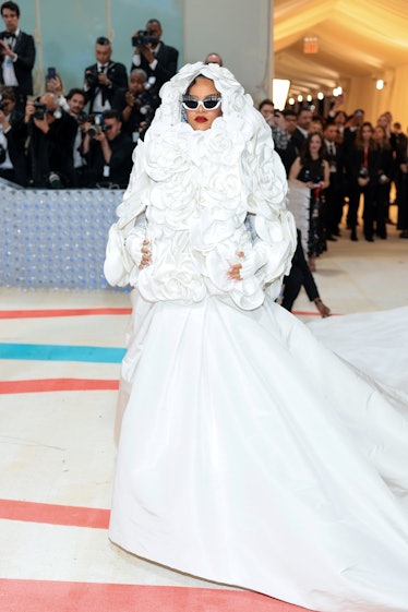 Rihanna attends The 2023 Met Gala Celebrating "Karl Lagerfeld: A Line Of Beauty" 