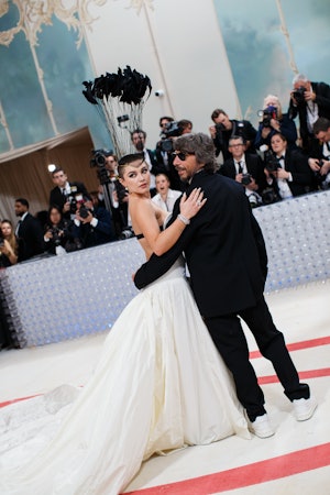 Florence Pugh and Pierpaolo Piccioli at the 2023 Met Gala: Karl Lagerfeld: A Line of Beauty held at ...