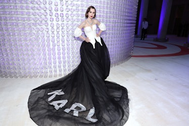 NEW YORK, NEW YORK - MAY 01: Lily Collins attends The 2023 Met Gala Celebrating "Karl Lagerfeld: A L...