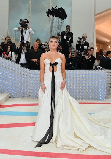British actress Florence Pugh arrives for the 2023 Met Gala at the Metropolitan Museum of Art on May...