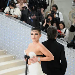 Florence Pugh debuted a shaved head at the 2023 Met Gala celebrating "Karl Lagerfeld: A Line Of Beau...