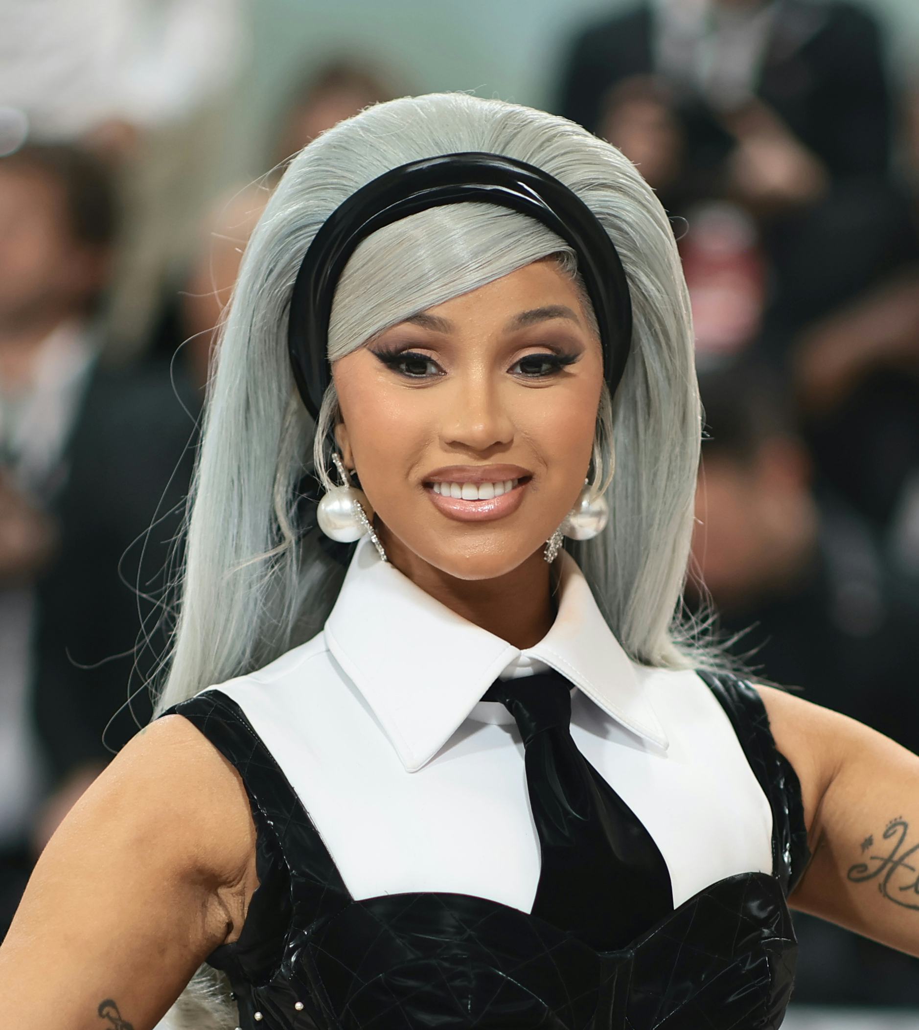 Cardi B&rsquo;s Karl Lagerfeld-inspired Met Gala makeup look &amp; hairstyle from May 1, 2023.