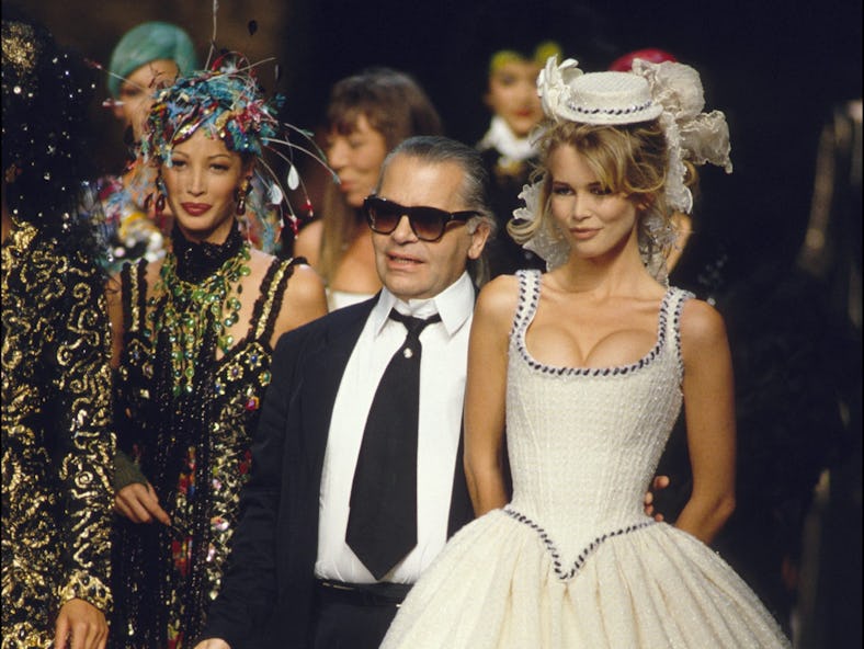 Karl Lagerfeld and Claudia Schiffer at a 1992 Chanel couture show, years ahead of Met Gala 2023.