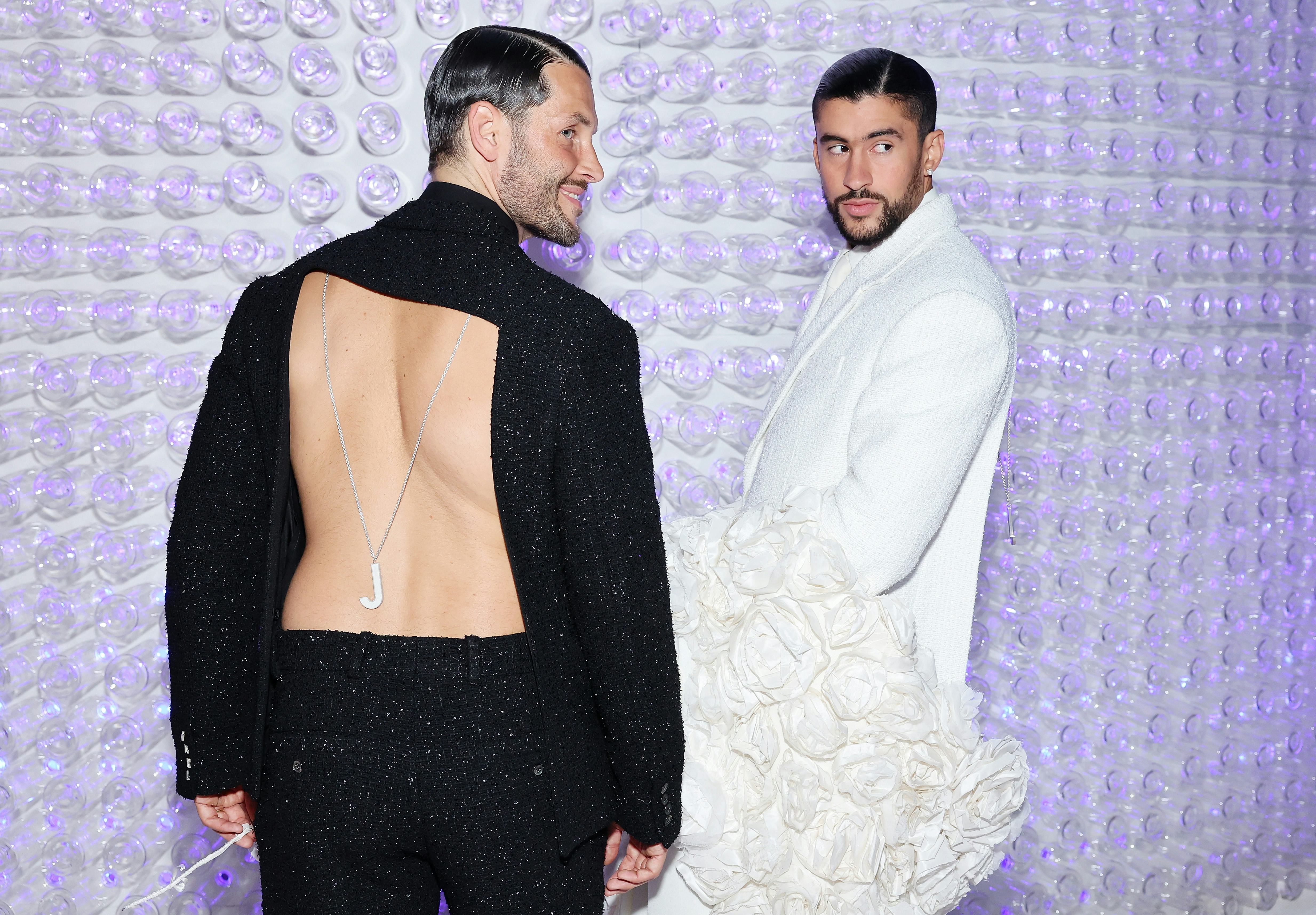 NEW YORK, NEW YORK - MAY 01: (L-R) Simon Porte Jacquemus  and Bad Bunny attend The 2023 Met Gala Cel...