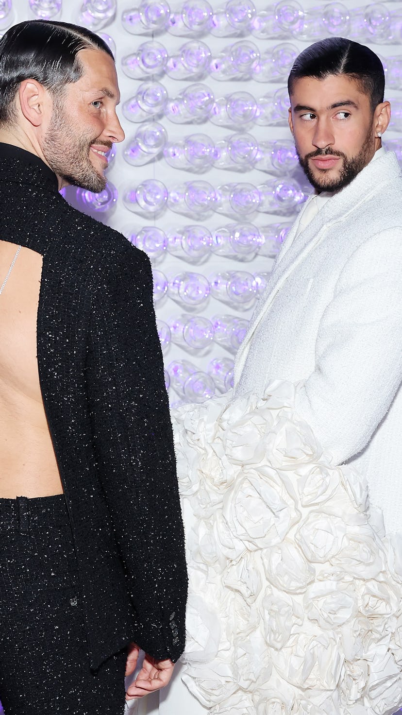 NEW YORK, NEW YORK - MAY 01: (L-R) Simon Porte Jacquemus  and Bad Bunny attend The 2023 Met Gala Cel...