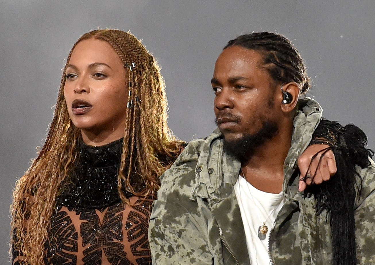 LOS ANGELES, CA - JUNE 26: Recording artists Beyonce (L) and Kendrick Lamar perform onstage during ...