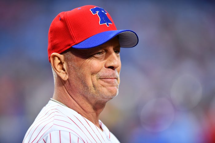 PHILADELPHIA, PA - MAY 15: Bruce Willis looks on before throwing out the first pitch before the game...