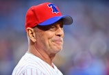 PHILADELPHIA, PA - MAY 15: Bruce Willis looks on before throwing out the first pitch before the game...