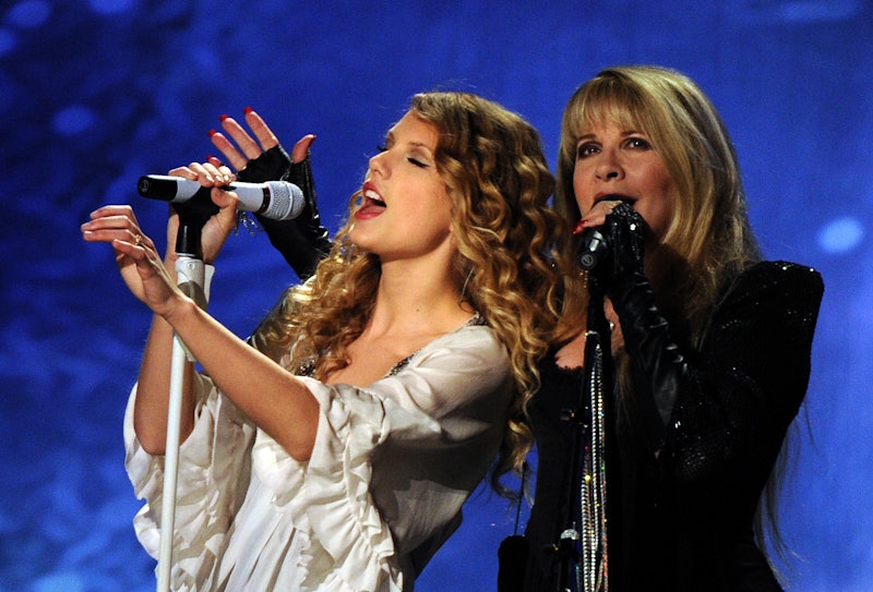 Taylor Swift performs with Stevie Nicks (R) at the 52nd annual Grammy Awards in Los Angeles on Janua...