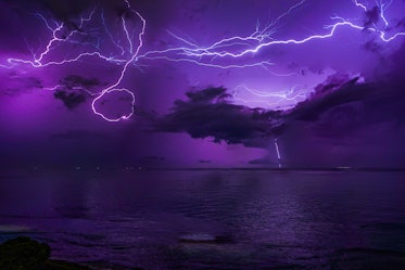 Lightning strikes over the Colombo Sea area on January 24, 2023, in Colombo, Sri Lanka. This image w...