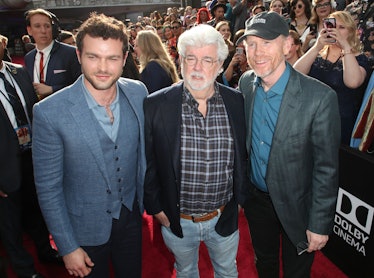 Alden Ehrenreich, George Lucas and Ron Howard (Photo by Chelsea Lauren/Variety/Penske Media via Gett...