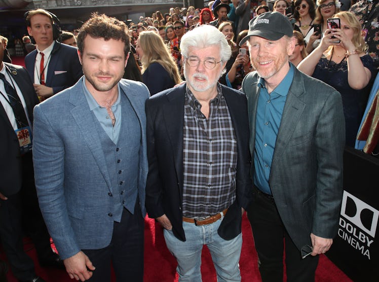 Alden Ehrenreich, George Lucas and Ron Howard (Photo by Chelsea Lauren/Variety/Penske Media via Gett...