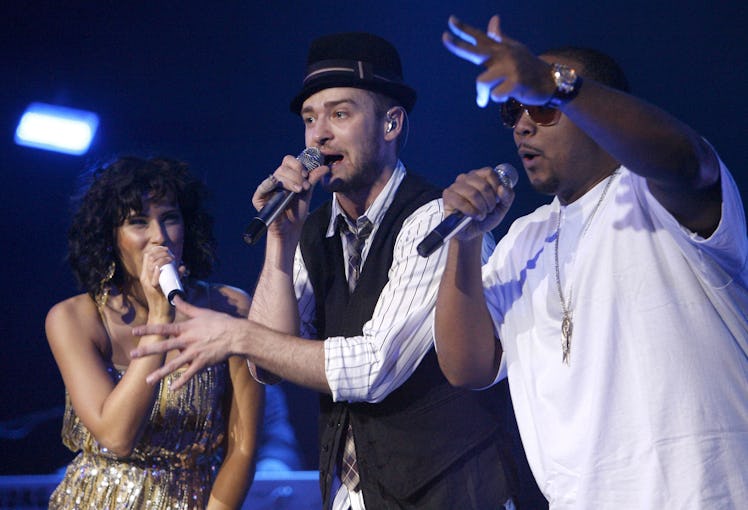 Nelly Furtado, Justin Timberlake and Timbaland during Verizon Wireless and Rolling Stone present Jus...