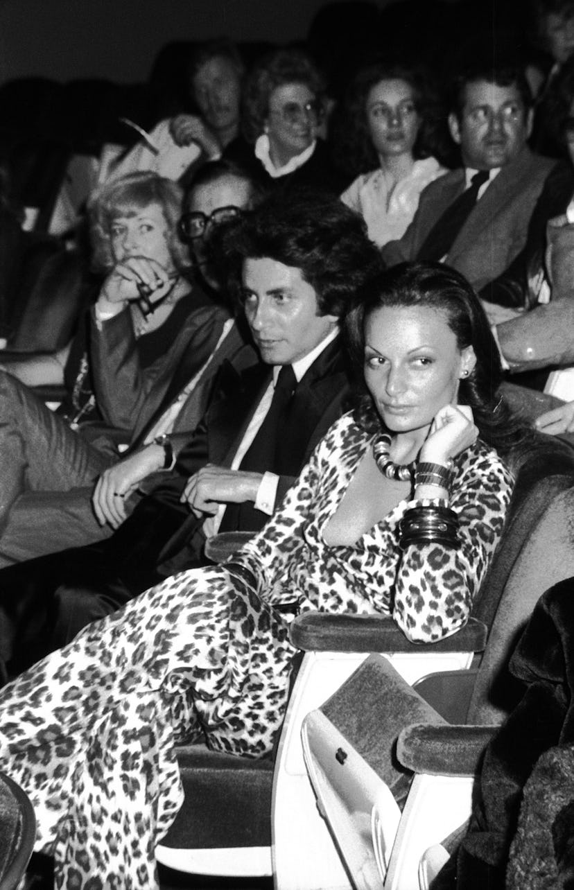 Diane Von Furstenberg wore a leopard print wrap dress in 1974.