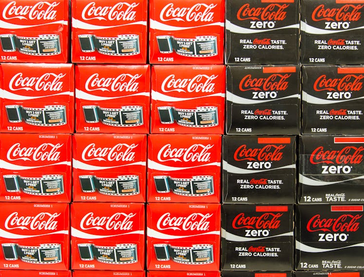 TORONTO, ONTARIO, CANADA - 2015/03/21: Stacks Coca Cola Zero and Coca Cola Diet can boxes in a store...