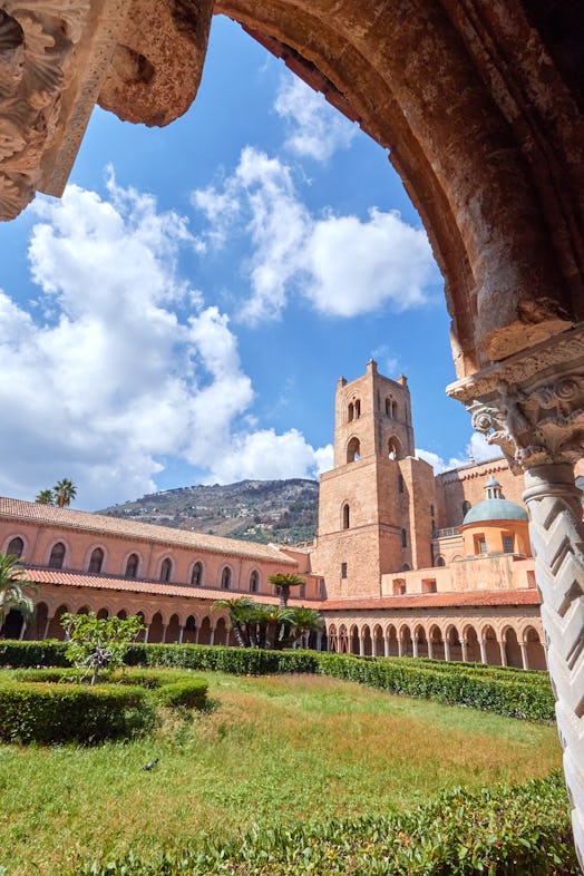 Low angle view of monreale cathedral at sunny day, Sicily, Italy.