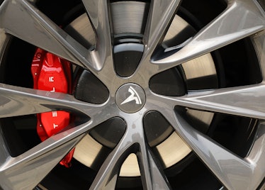 NEW YORK, NY - AUGUST 27:  A Tesla tire sits on a vehicles outside of a Brooklyn showroom and servic...