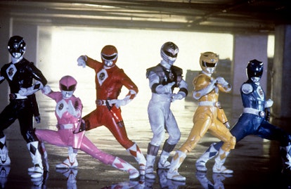 The rangers prepares to battle in a scene from the television series 'Mighty Morphin' Power Rangers'...