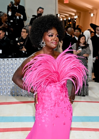 Viola Davis at Met Gala 2023 with voluminous Afro and pink makeup