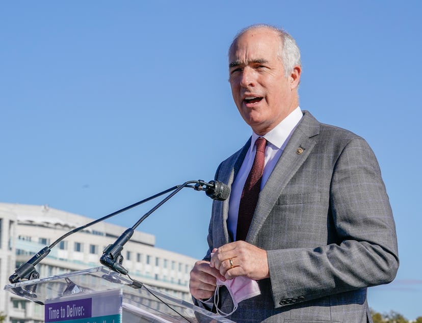 Senator Bob Casey (D-PA) speaks at the "Time to Deliver" Home Care Workers rally and march in 2021.