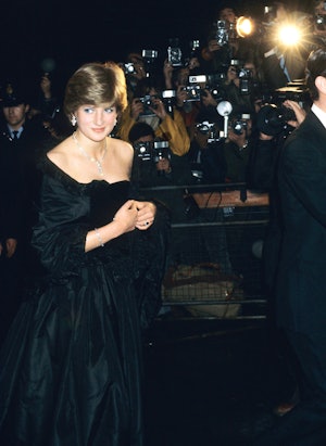 LONDON, ENGLAND - MARCH 09: Lady Diana Spencer, wearing a strapless black taffeta dress designed by ...