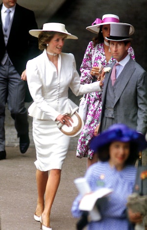 The Prince and Princess of Wales in the royal enclosure at Royal Ascot, June 1986. Princess Diana we...