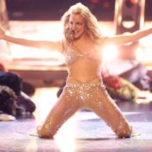 Britney Spears wears a Swarovski-encrusted bra and pants set to perform at the 2000 MTV VMAs.