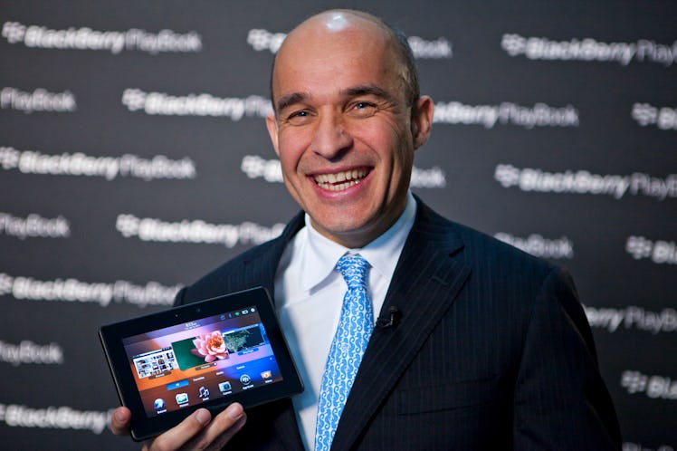 Jim Balsillie, Co-CEO of Research In Motion Ltd. (RIM), holds up the Blackberry PlayBook tablet duri...