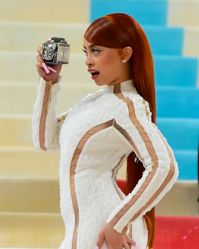 Ice Spice super long red hair extensions at Met Gala 2023