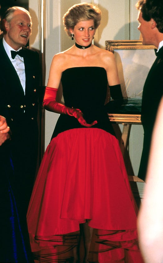 LONDON, ENGLAND - SEPTEMBER 19: Diana, Princess of Wales, wearing a red taffeta and black velvet Fla...