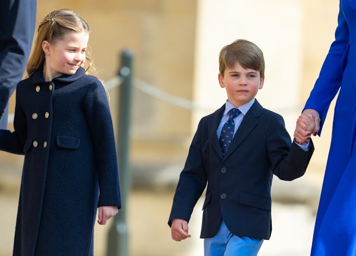 WINDSOR, ENGLAND - APRIL 09: Princess Charlotte and Prince Louis attend the Easter Mattins Service a...