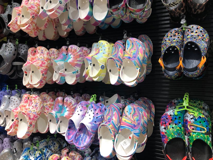 Crocs shoes on display, the brand is offering Teacher's Appreciation Week 2023 freebies and discount...