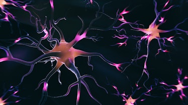 Abstract 3D image of neural cells - 3D rendering of neural cell images. A glowing synapse on a black...