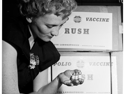 First Shipment of Polio Vaccine, 13 April 1955. Kathleen Keane;Dale Winter;Milt Wardle.;Caption slip...