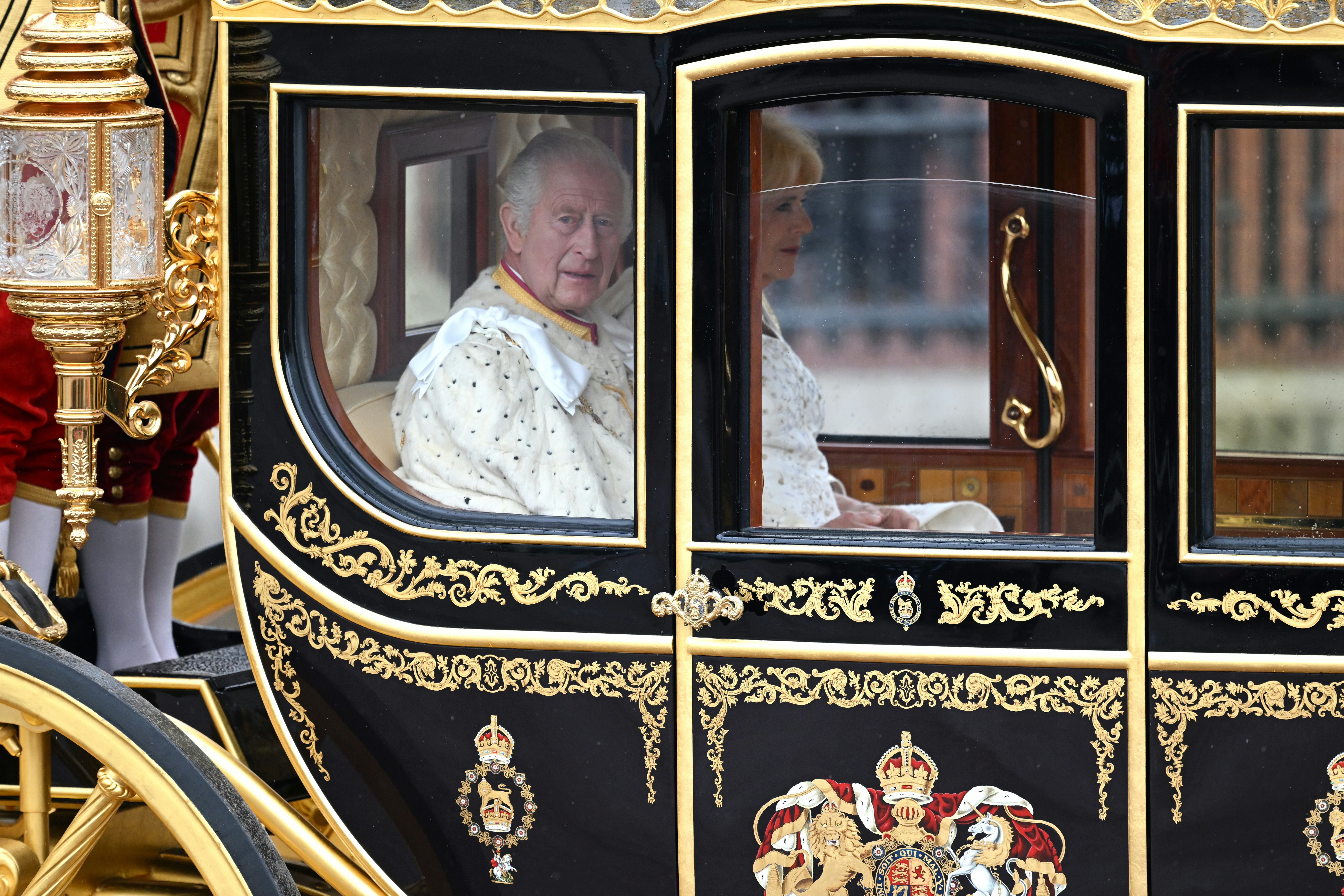 LONDON, ENGLAND - MAY 06: King Charles III and Camilla, Queen Consort travelling in the Diamond Jubi...