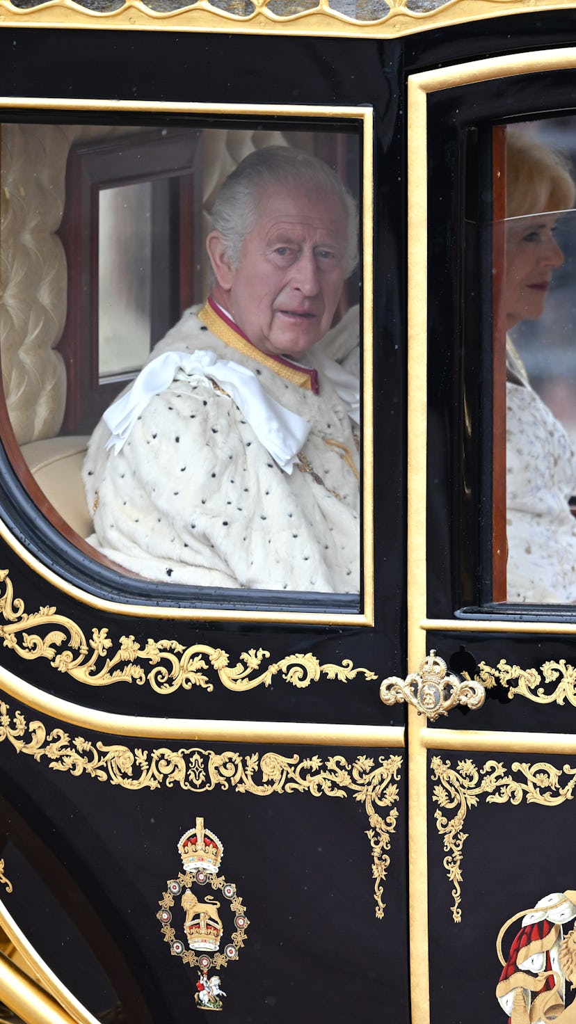 LONDON, ENGLAND - MAY 06: King Charles III and Camilla, Queen Consort travelling in the Diamond Jubi...