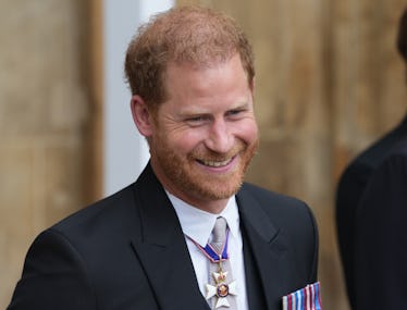 LONDON, ENGLAND - MAY 06: Prince Harry leaves after the Coronation of King Charles III and Queen Cam...