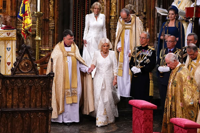 LONDON, ENGLAND - MAY 06: Queen Camilla during her coronation ceremony in Westminster Abbey on May 6...