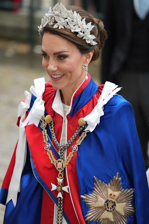 Britain's Catherine, Princess of Wales arrives to attend the coronations of Britain's King Charles I...