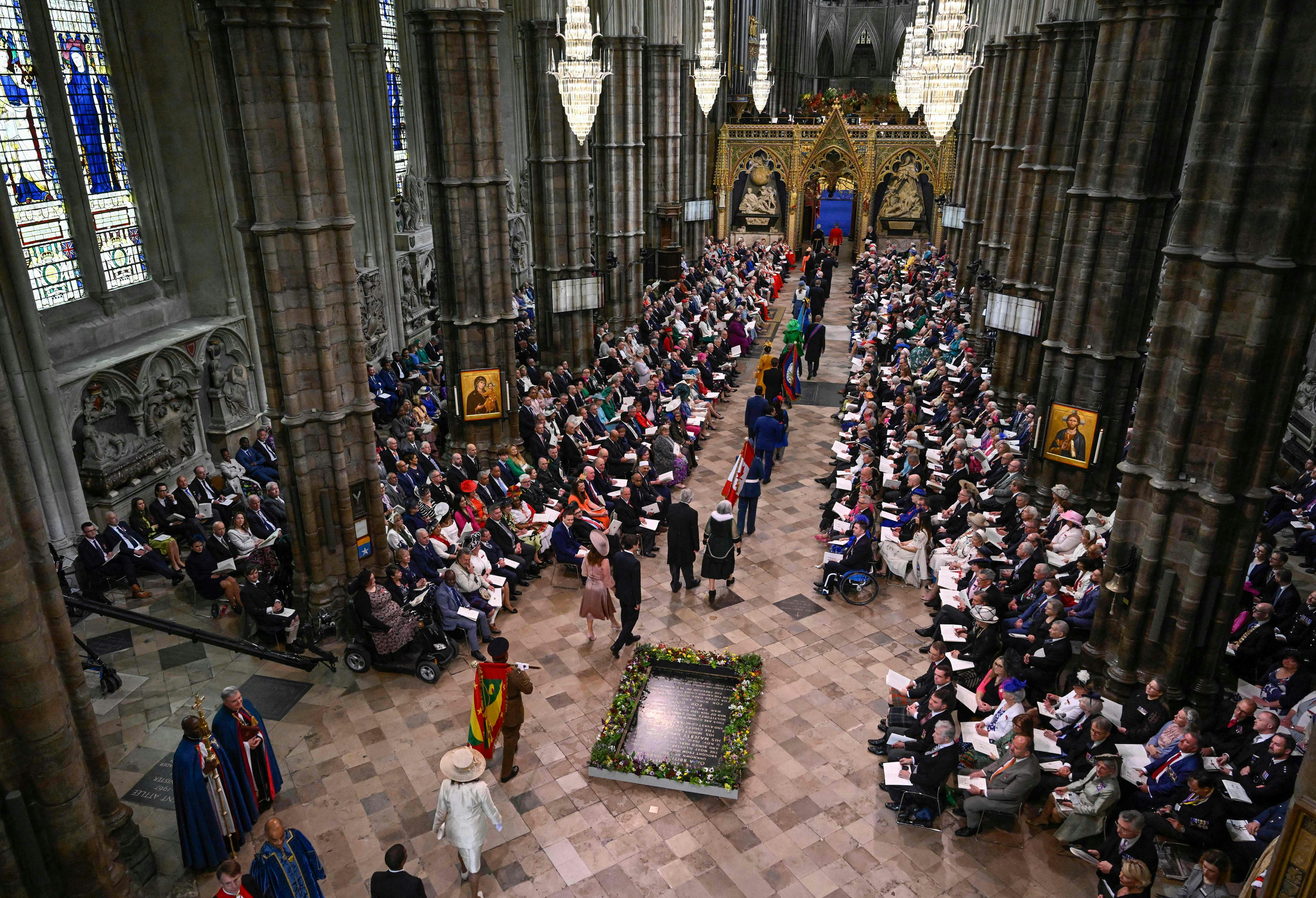 Guests arrive at Westminster Abbey in central London on May 6, 2023, ahead of the coronations of Bri...