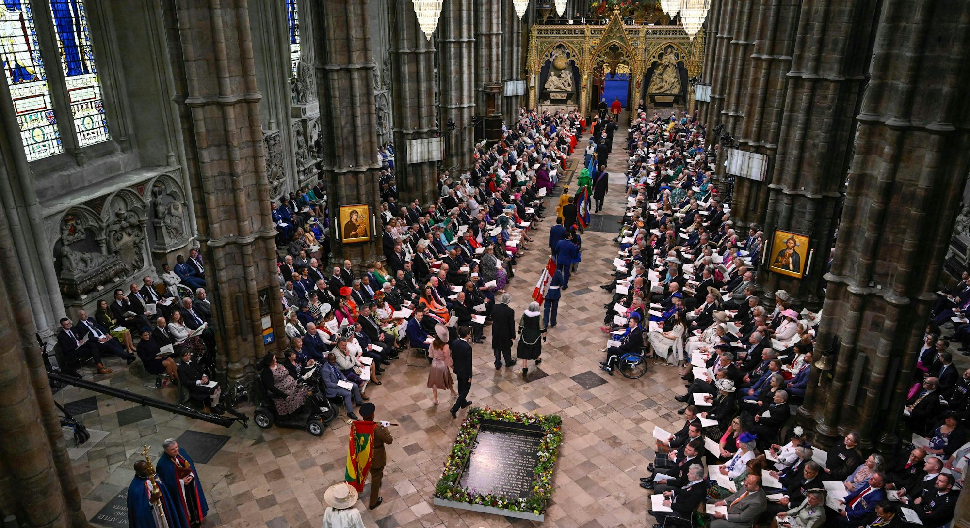 Guests arrive at Westminster Abbey in central London on May 6, 2023, ahead of the coronations of Bri...