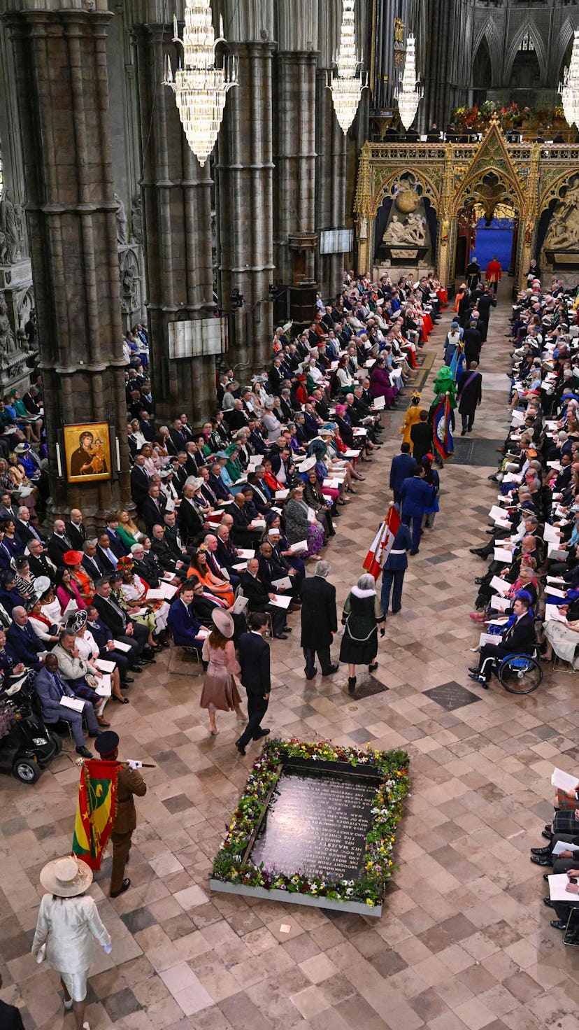 Guests arrive at Westminster Abbey in central London on May 6, 2023, ahead of the coronations of Bri...