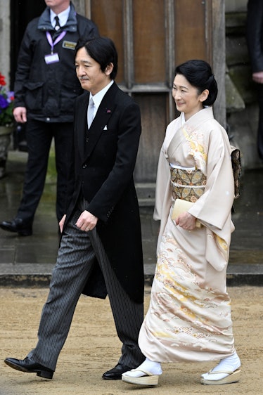 Crown Prince Fumihito of Japan and Crown Princess Kiko arrive to attend the Coronation of King Charl...