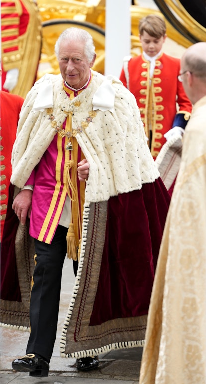 LONDON, ENGLAND - MAY 06: King Charles III arrives with Camilla the Queen Consort for the coronation...