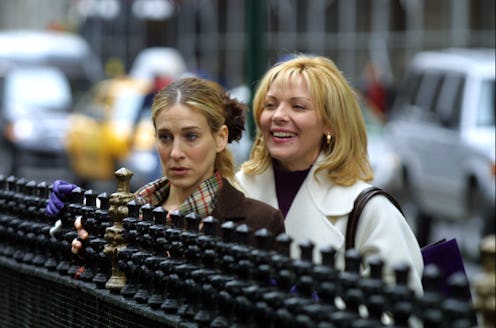 Sarah Jessica Parker and Kim Cattral during Filming "Sex and the City" on March 15, 2001 at Streets ...
