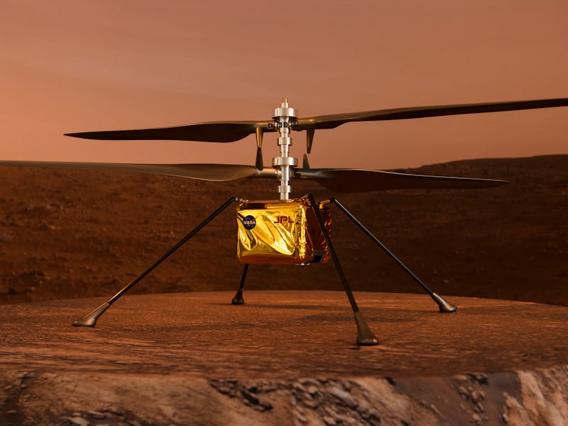 TOPSHOT - A full scale model of the experimental Ingenuity Mars Helicopter, which will be carried un...