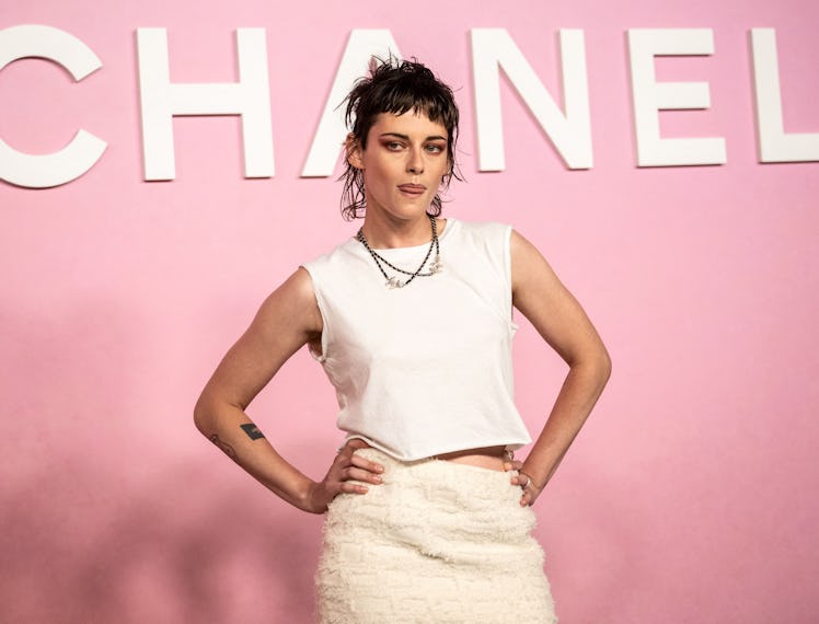 US actress Kristen Stewart poses for a photo before attending the 2022/23 Métiers d'art Chanel Daka...