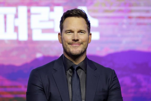Actor Chris Pratt attends the press conference for "Guardians Of The Galaxy Vol.3" at the Conrad Hot...